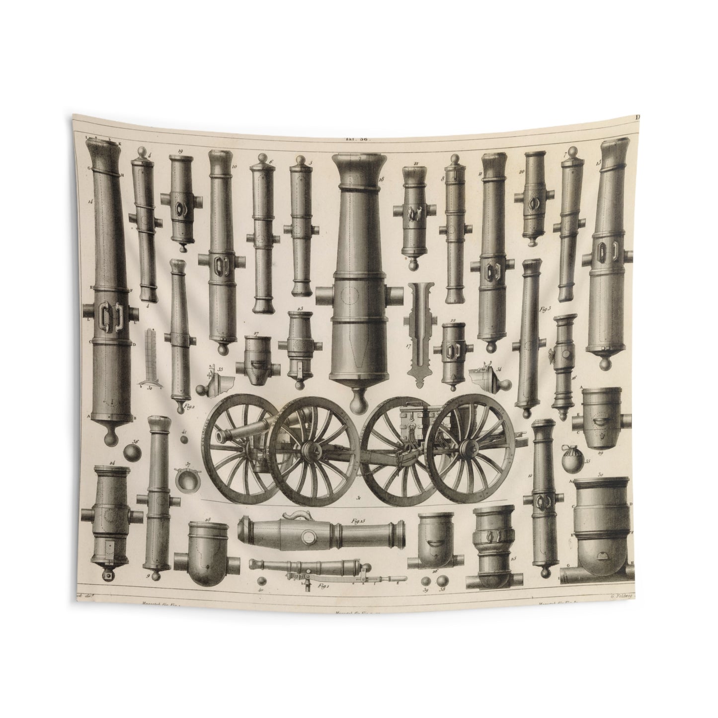 19th Century Cannon and Mortar Diagram - Vintage Wall Tapestry