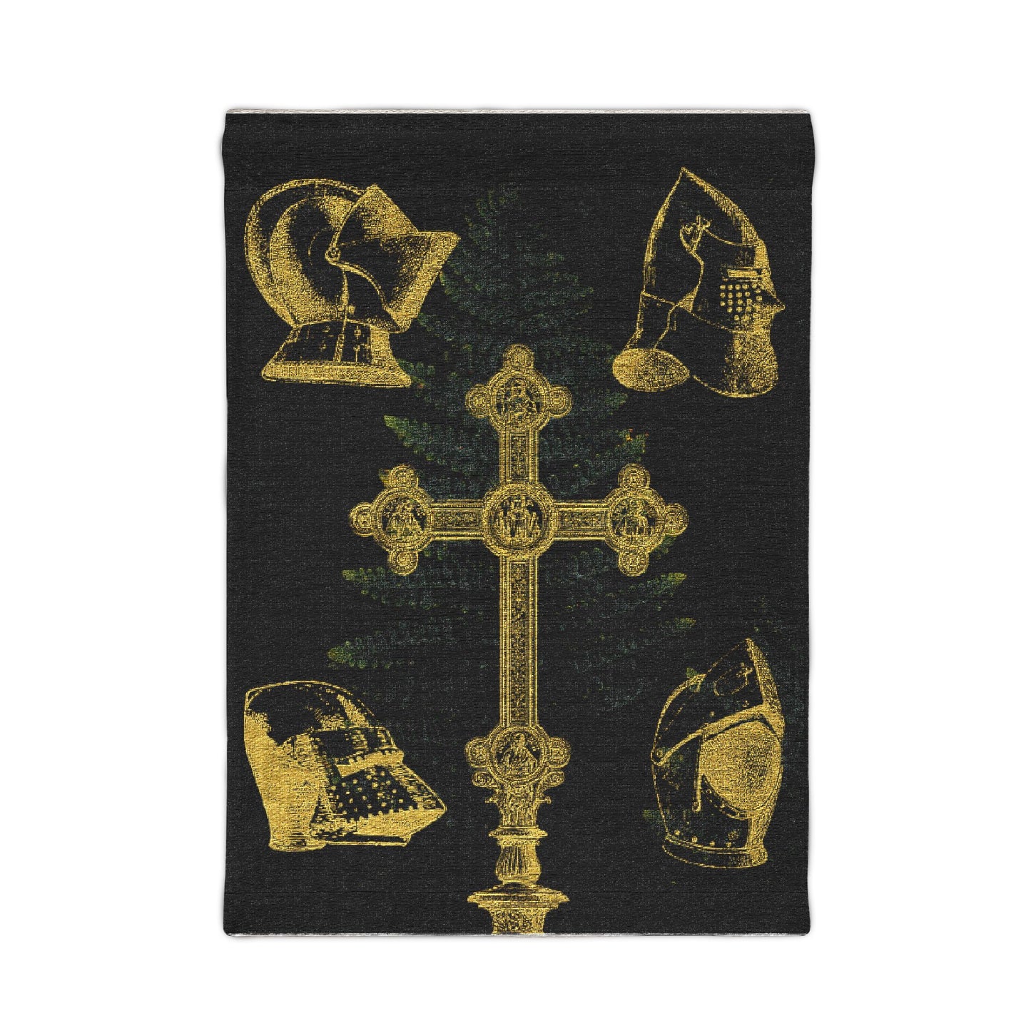 Gold Celtic Cross and Knights Helm Woven Tapestry | Medieval Religious Wall Hanging