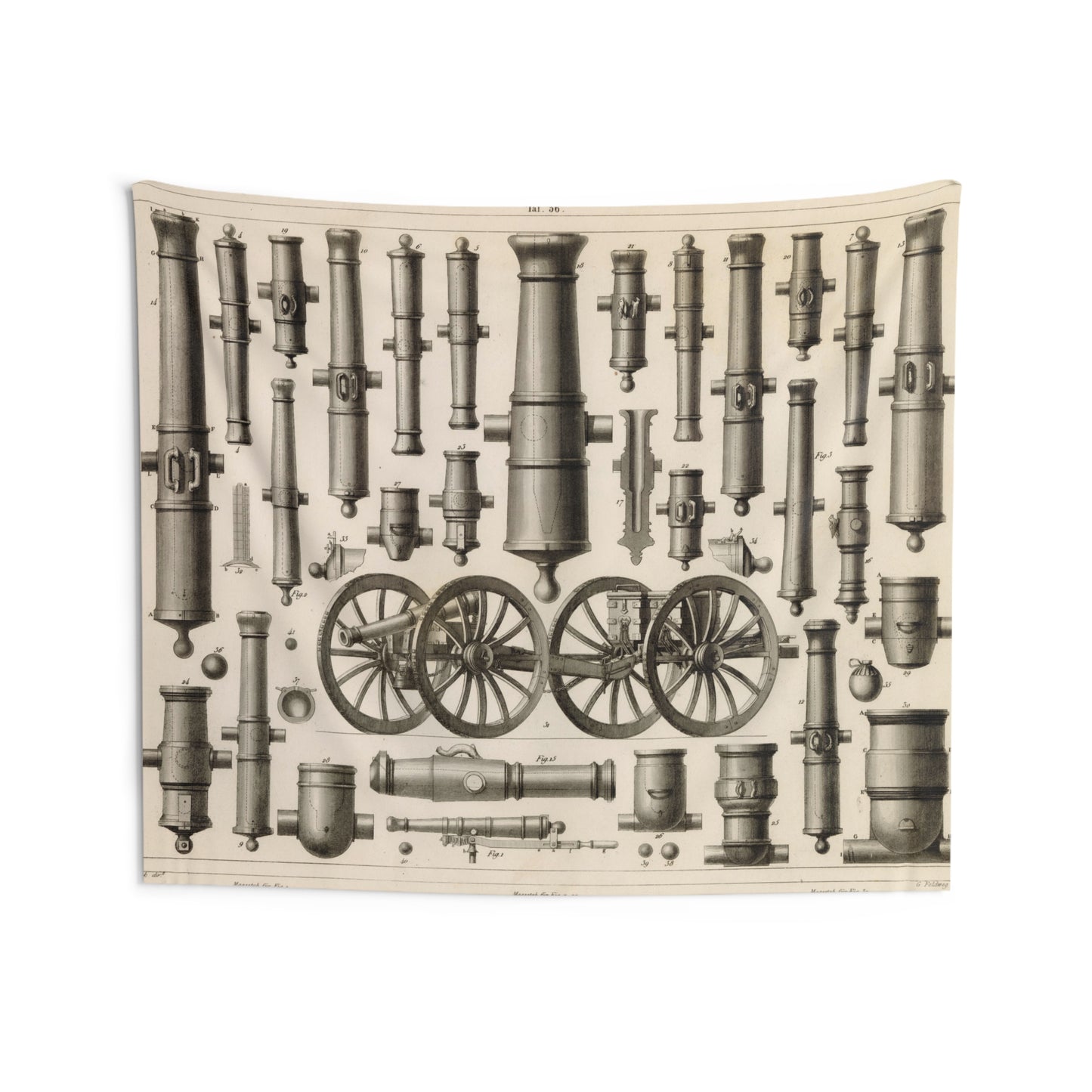 19th Century Cannon and Mortar Diagram - Vintage Wall Tapestry