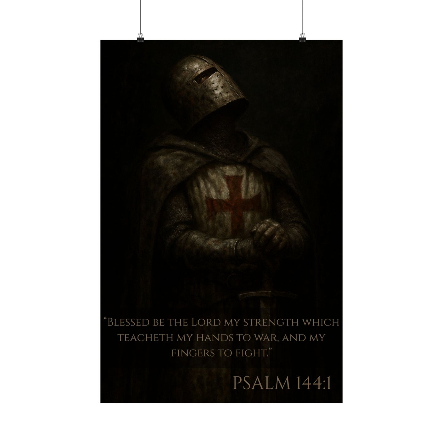 Templar Knight Matte Vertical Poster - Psalm 144:1 Inspirational Verse