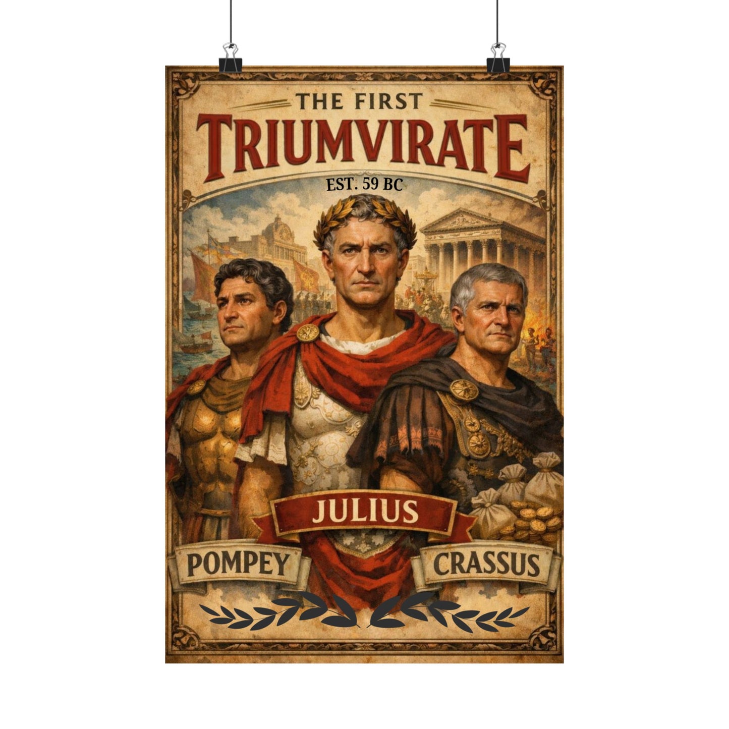 First Triumvirate Julius Poster | Matte Vertical History Art Print, Pompey Crassus
