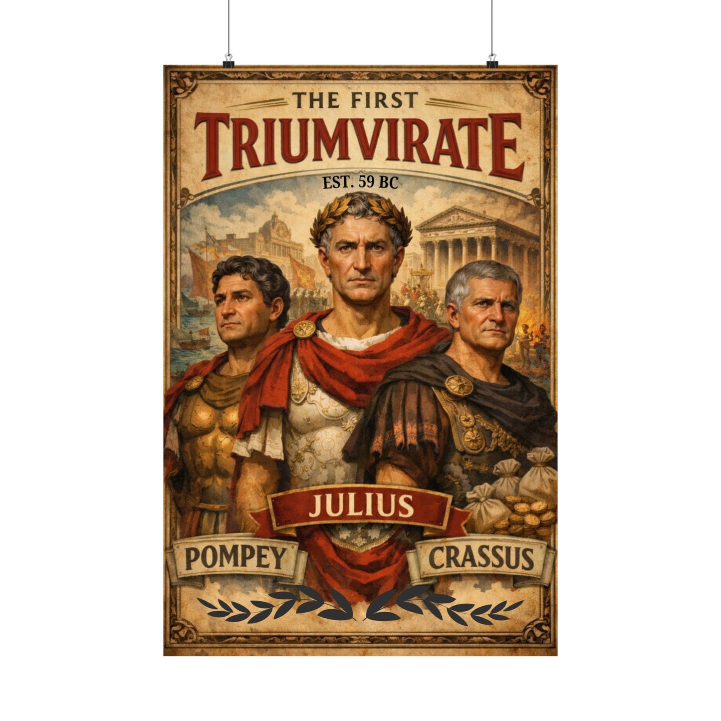 First Triumvirate Julius Poster | Matte Vertical History Art Print, Pompey Crassus