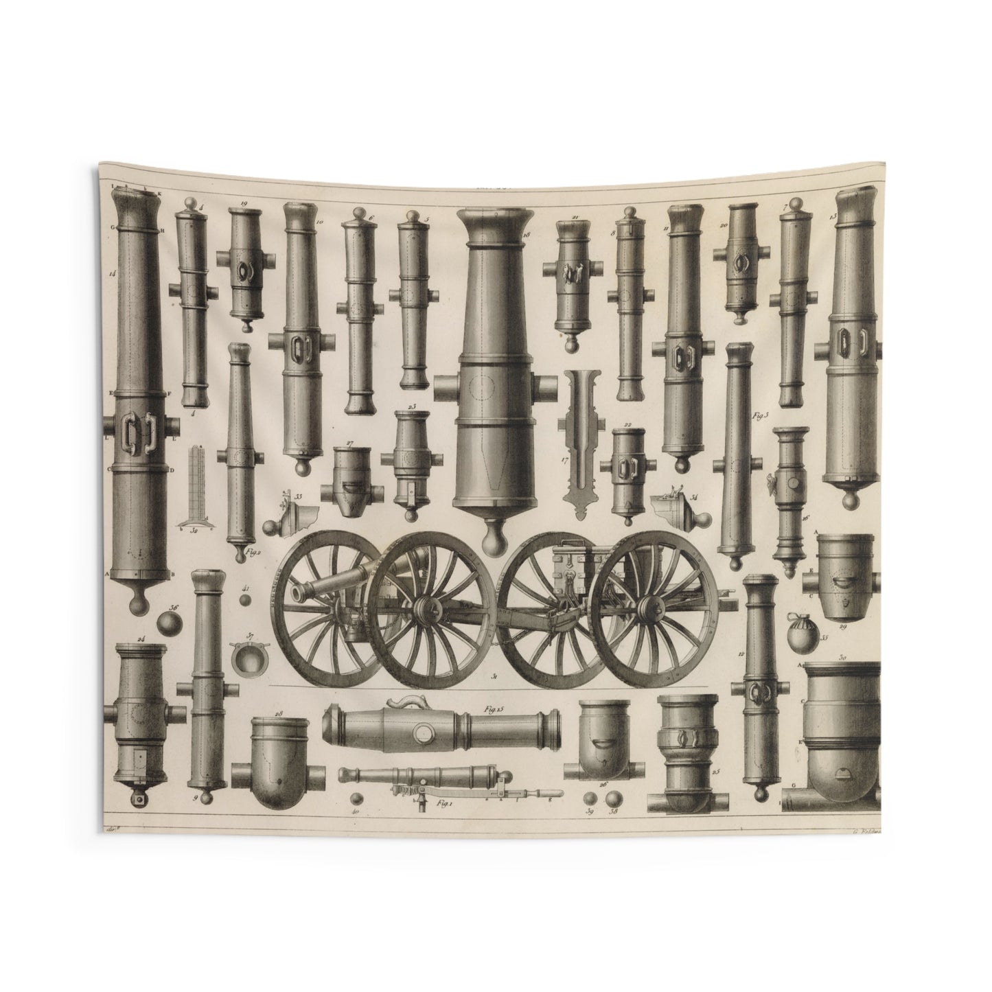 19th Century Cannon and Mortar Diagram - Vintage Wall Tapestry