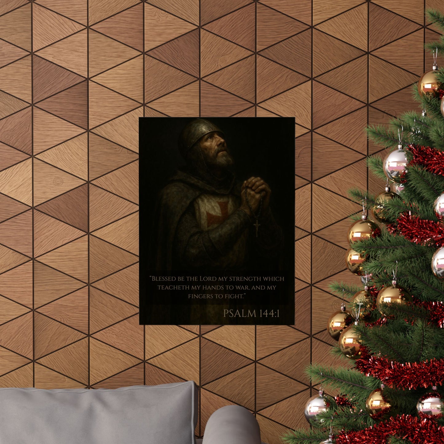 Templar Knight Praying Matte Vertical Poster - Psalm 144:1 Inspirational Verse